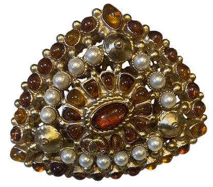 Rare XL 11C Saint Tropez Runway Statement Gold Gripoix Pearl Ring Size US 6 EU 52