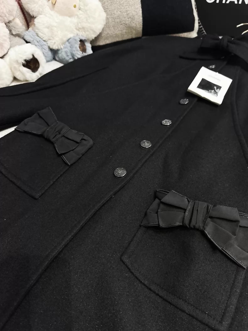Chanel 24B bow-tie black wool coat