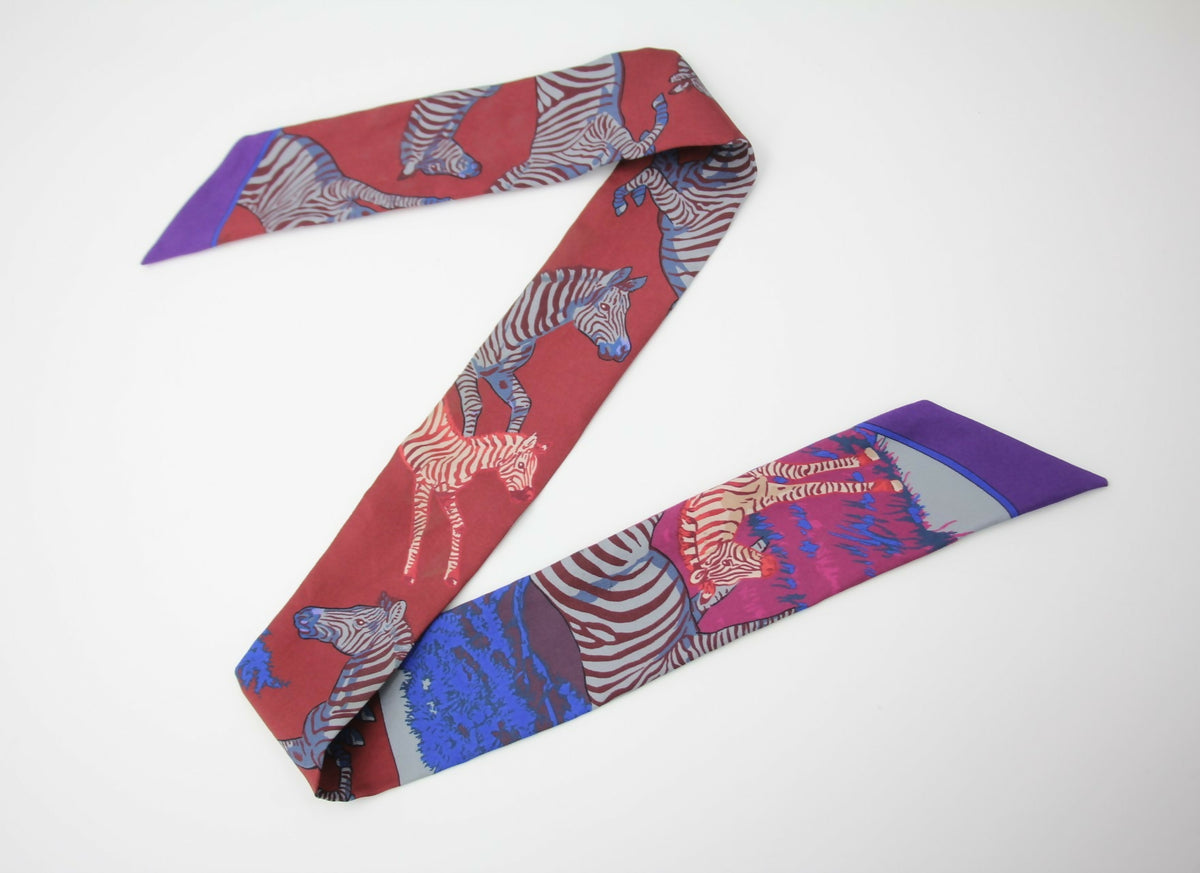 Hermès 100% Silk Bordeaux Violet Les Zébres Twilly Scarf
