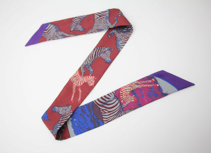 Hermès 100% Silk Bordeaux Violet Les Zébres Twilly Scarf