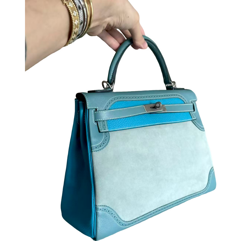 Hermes vintage Kelly 32 lace collection in suede denim blue