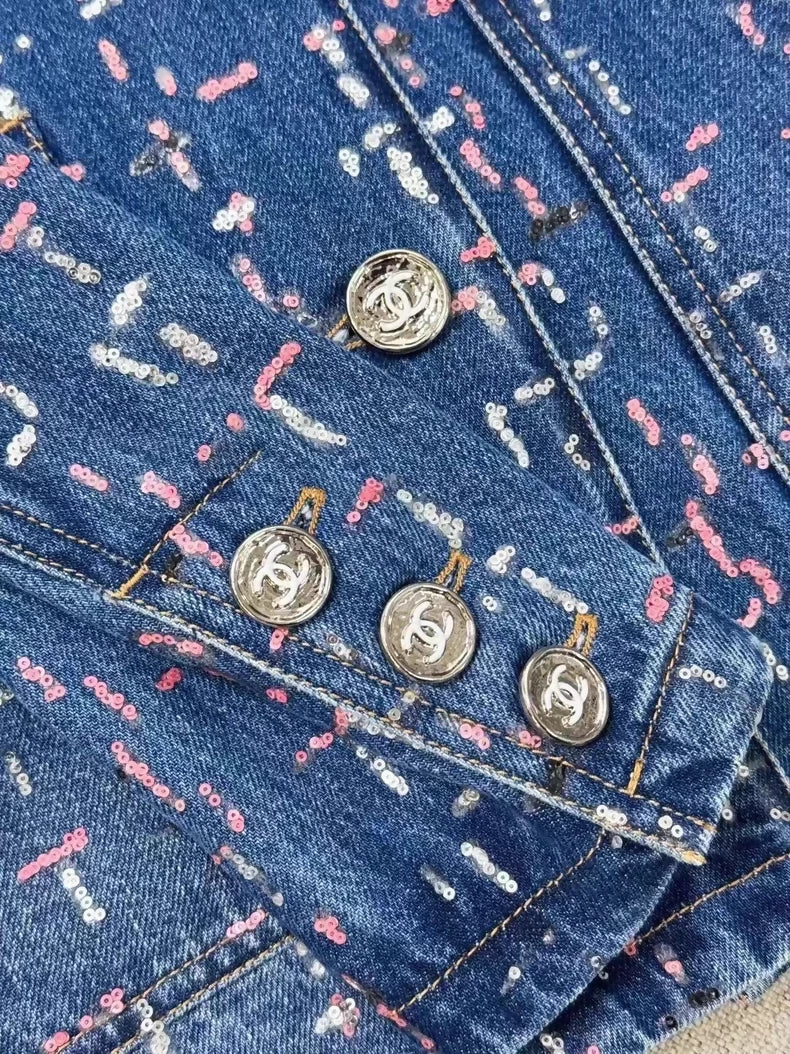 Chanel 23A Sequin Embroidered Denim Jacket