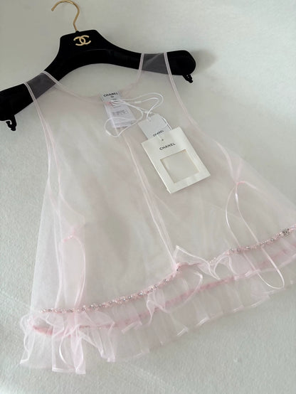Chanel 25K Pink Beaded Mesh Cardigan