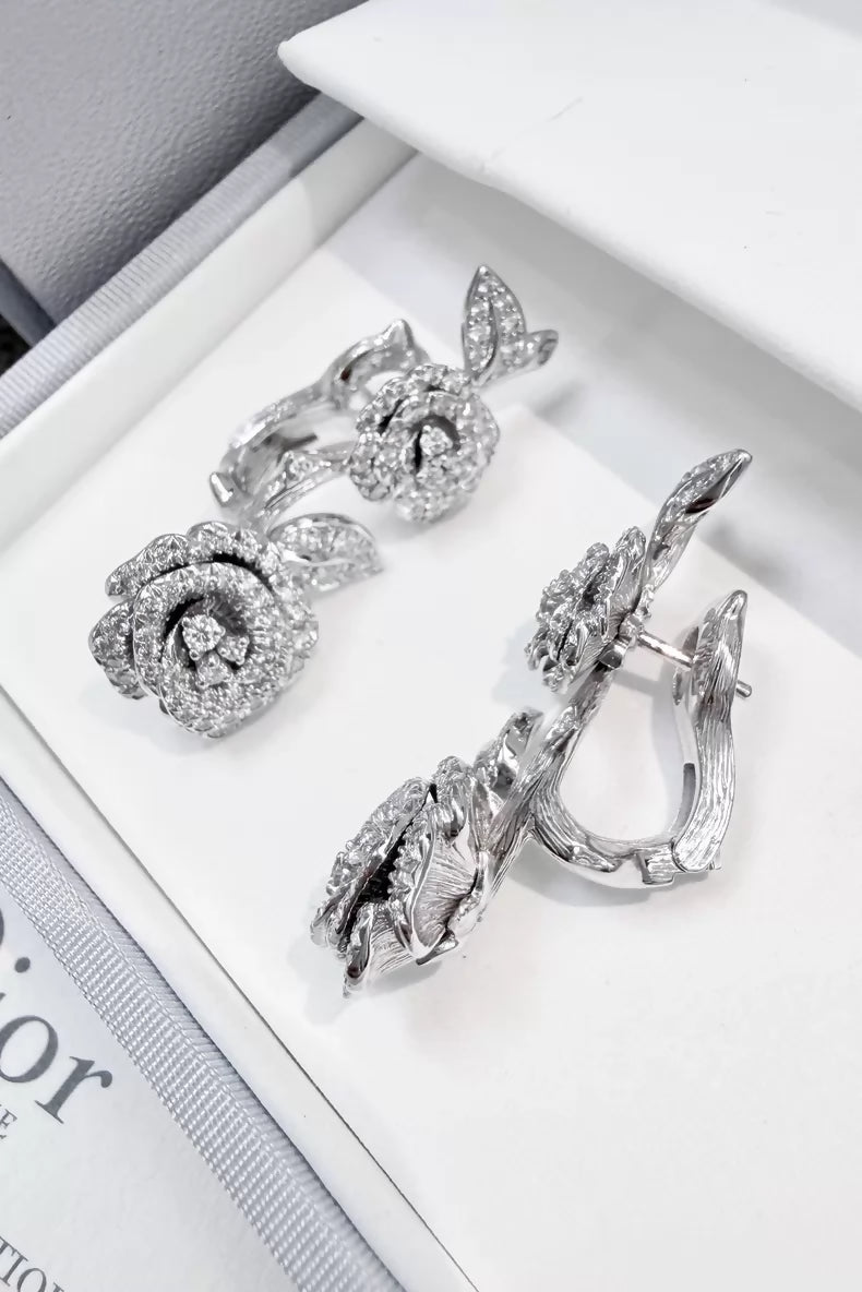 Dior Rose Bagatelle collection white gold full diamond rose earrings
