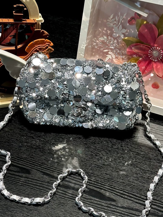 Chanel 22B Large MiniCF Silver Sequined Crossbody Bag