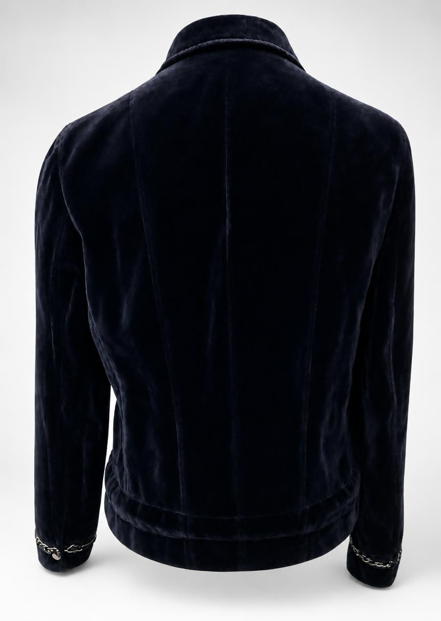 Rare Chanel 06A Runway Black Washed Velvet Bomber Biker Jacket FR 48