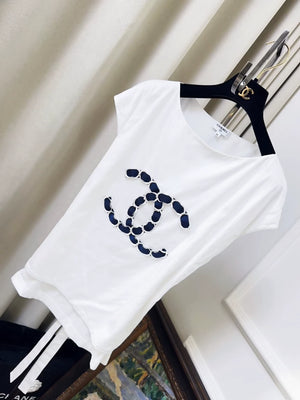 Chanel 21C white and blue pearl double C logo tie-front sleeveless top