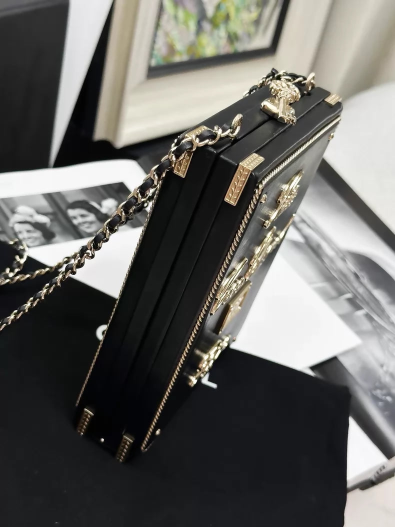 Chanel 17A  Black and Gold Lambskin Ritz-Carlton Box Bag with gold Chain