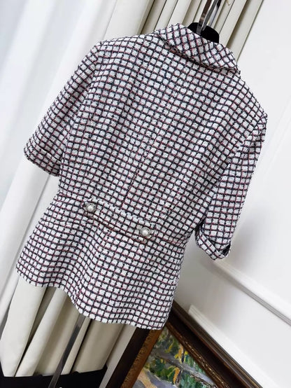 Chanel 19S Red and Blue Check Tie-Waisted Tweed Jacket