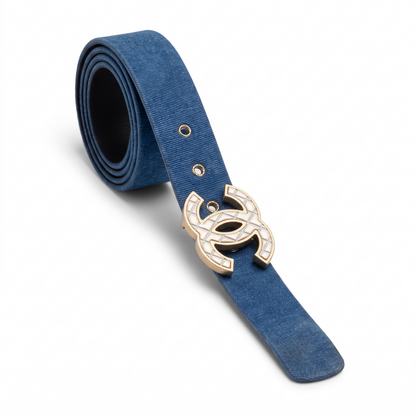 Chanel Airlines 16P Blue Denim CC Matte Silver & Gold Buckle Belt