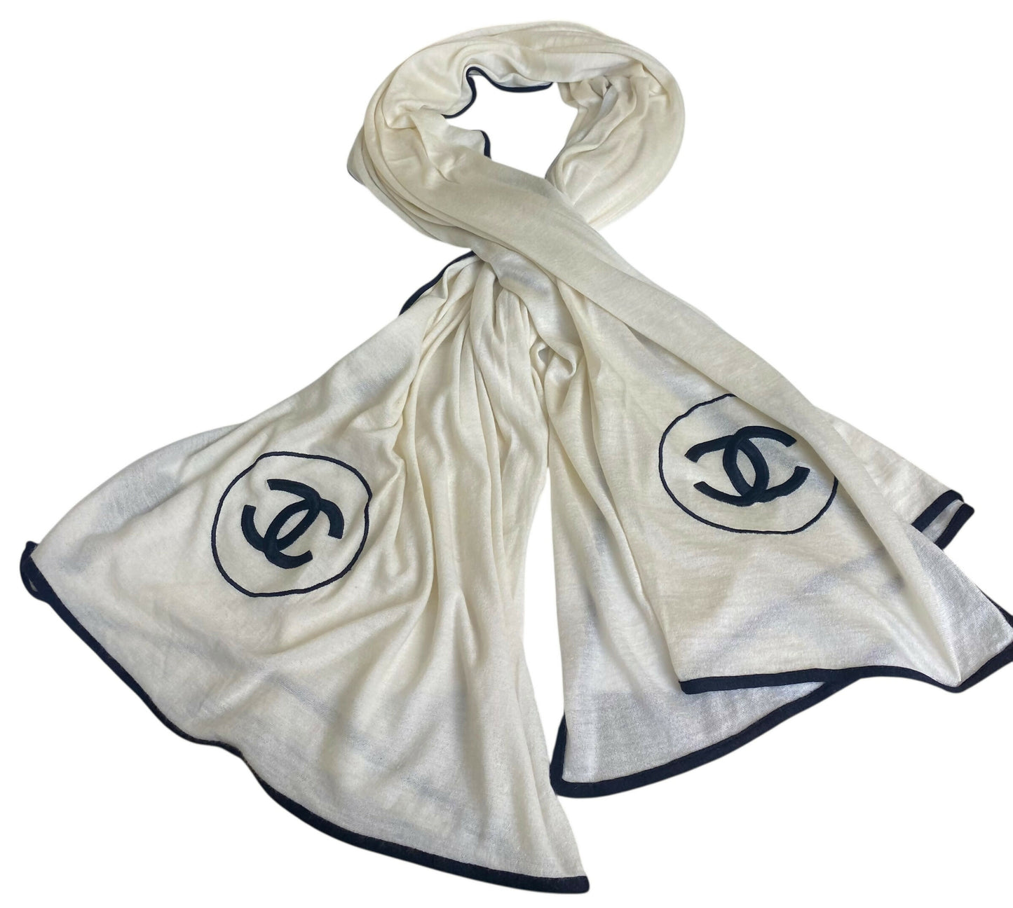 Chanel XL Ivory Black Cashmere Double CC Stole Shawl Scarf