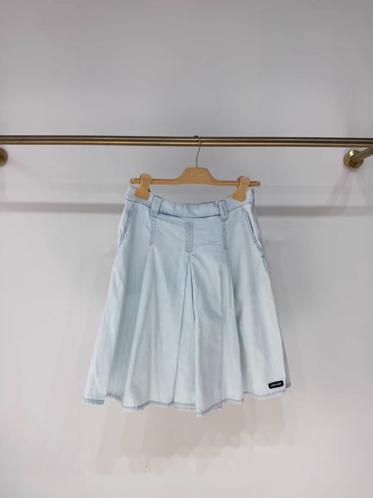 Miu miu Chambray Light Blue Distressed Denim Midi Skirt