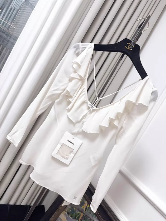 Chanel 20S off-white ruffled silk top
