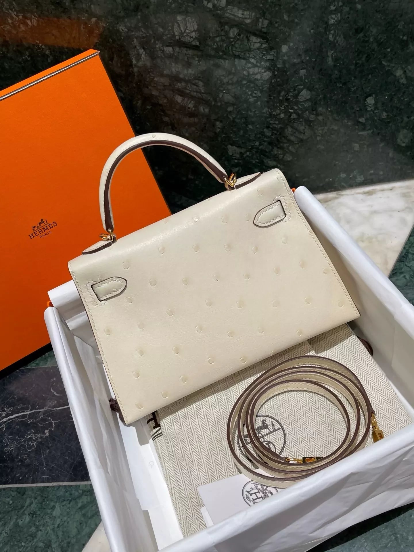 Hermes Mini Kelly 20 Nata Cream White Ostrich leather with gold hardware