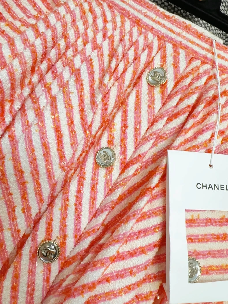 Chanel 21S orange-pink and white striped pleated midi skirt