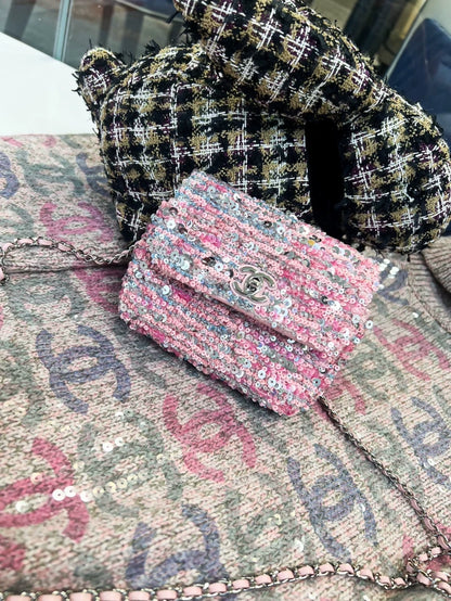 Chanel 23c peach pink sequined mini crossbody bag
