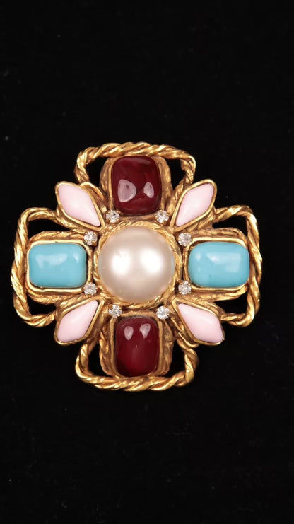 Chanel 1997 Pastel Blue Glazed Glass Rhinestone Brooch Pendant