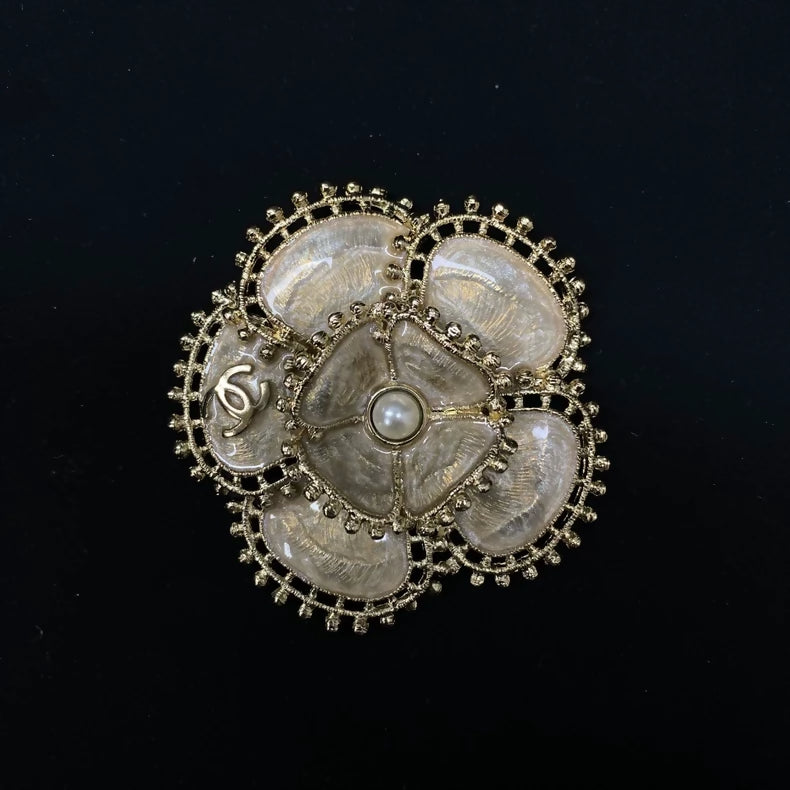 Classic 23K champagne gold camellia pearl brooch