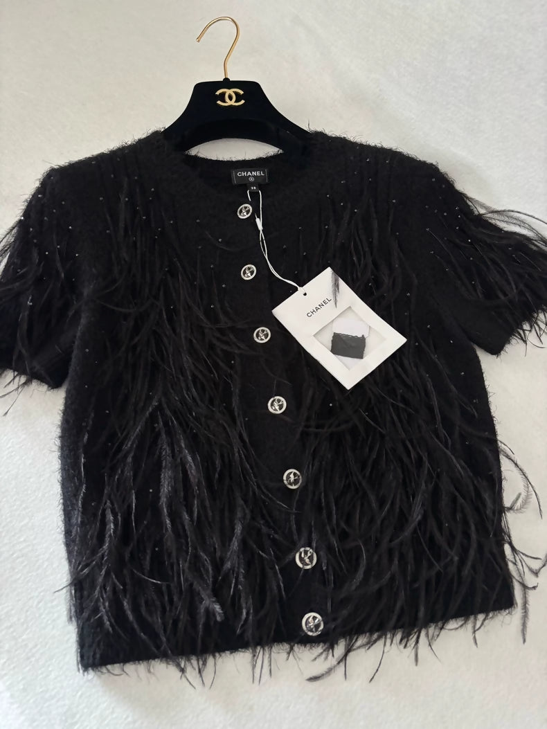 Chanel 25S Black Feather Cardigan