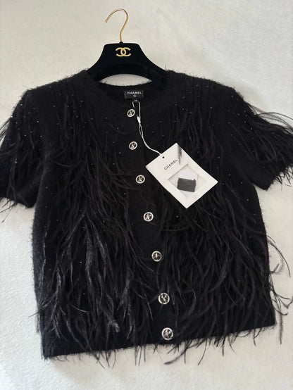 Chanel 25S Black Feather Cardigan