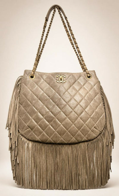 Chanel 14A Paris Dallas Iridescent Taupe Brown Nubuck Classic Hobo Shopper Tote Bag