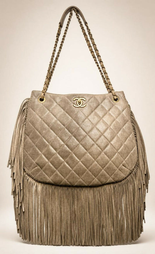 Chanel 14A Paris Dallas Iridescent Taupe Brown Nubuck Classic Hobo Shopper Tote Bag