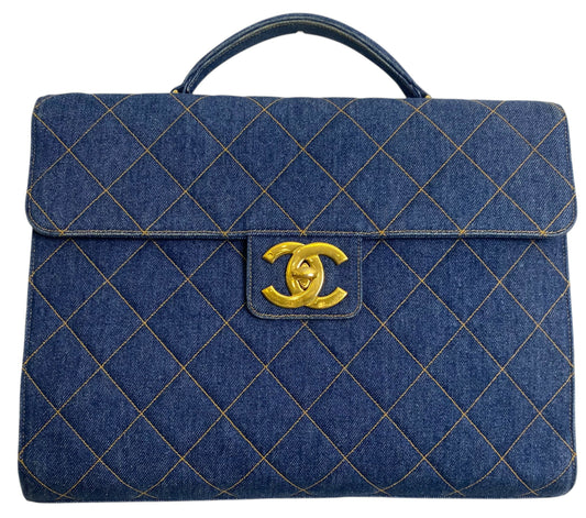 Chanel Vintage 1996 XL Blue Denim Quilted Jumbo Top Handle Briefcase Handbag