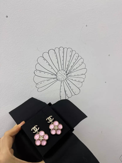 Chanel 24B Pink Glass Flower Double C Earrings