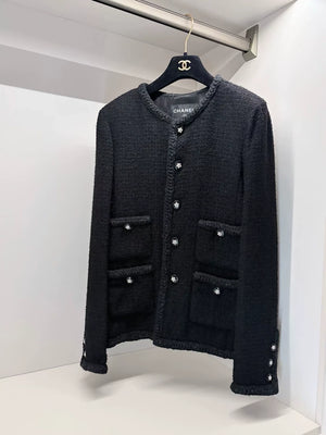Chanel 23K Camellia Embroidered Four-Pocket Black tweed Jacket