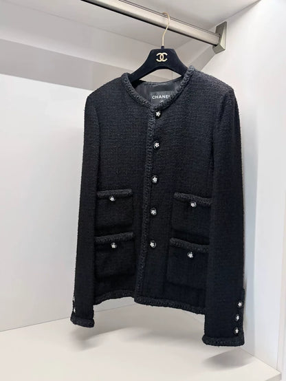 Chanel 23K Camellia Embroidered Four-Pocket Black tweed Jacket