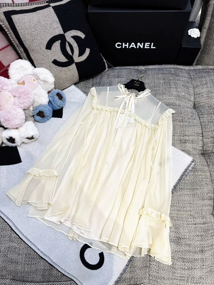 Gucci beige ruffled silk long-sleeved shirt