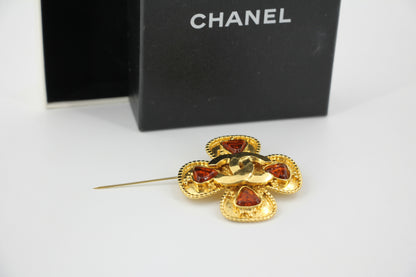 Chanel Vintage 96A Gripoix Orange Clover CC Brooch