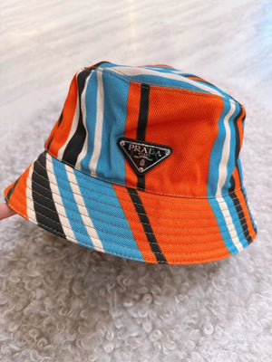 PRADA triangular metal logo colorful bucket hat