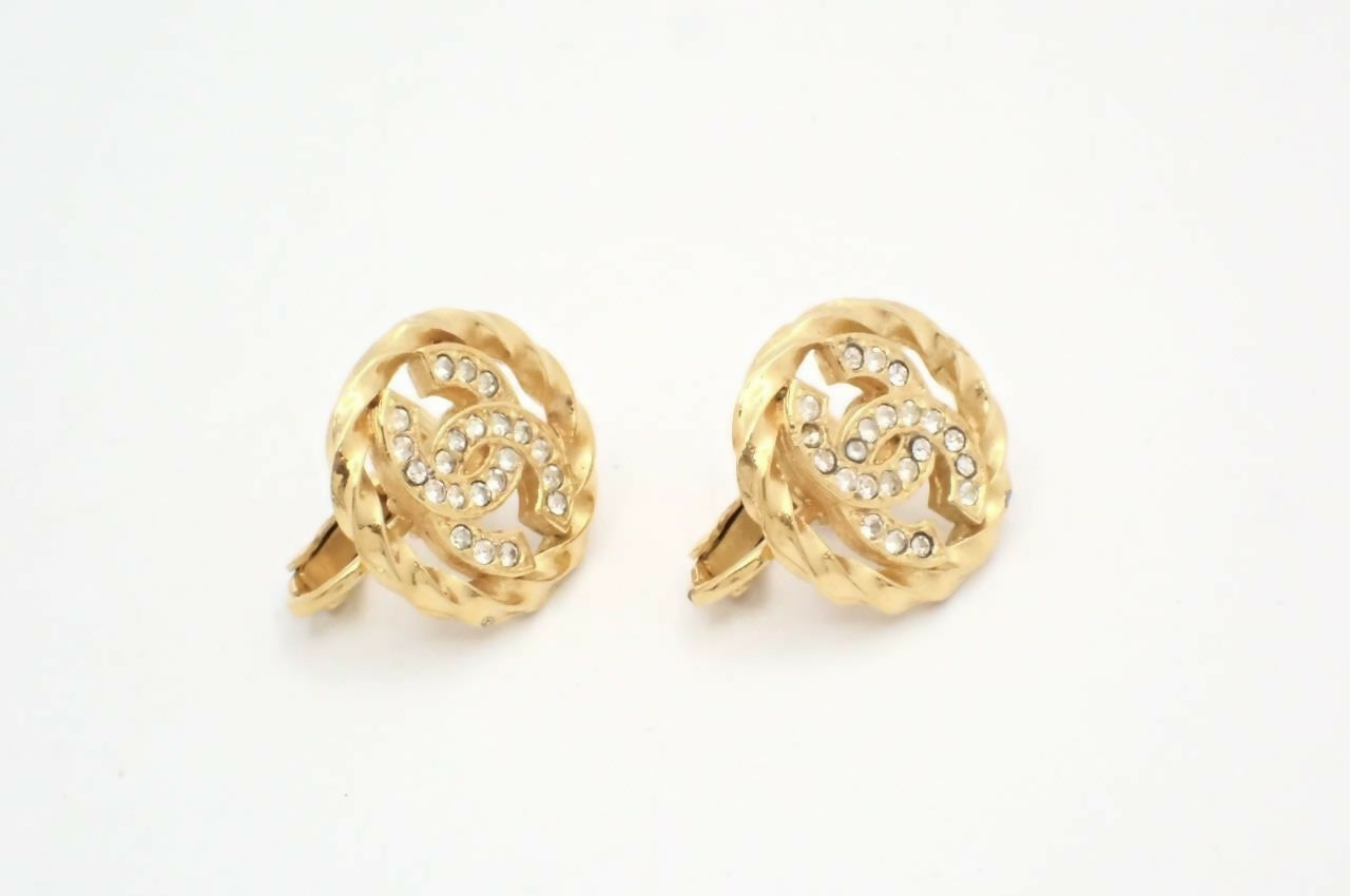 Chanel Vintage Rhinestone Gold Plated CC Logo Clip-on Earrings