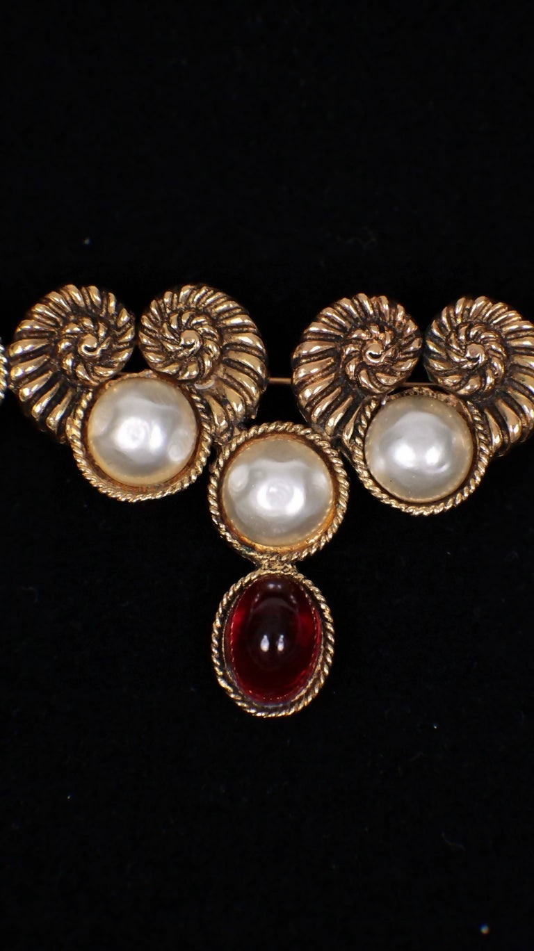 Chanel Ram's Horn Pearl Red Gold Glass Brooch