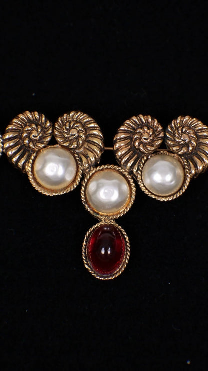 Chanel Ram's Horn Pearl Red Gold Glass Brooch