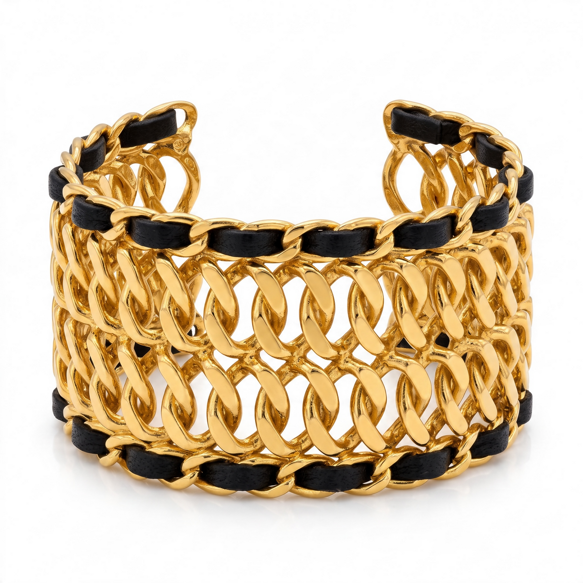 Chanel 24K Gold Plated Black Leather Statement Cuff Bracelet