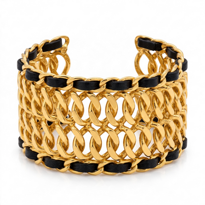 Chanel 24K Gold Plated Black Leather Statement Cuff Bracelet
