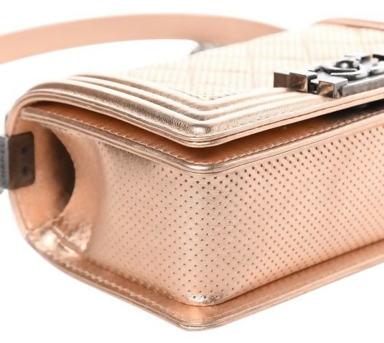 Chanel 15C Paris Dubai Rose Gold Metallic Calfskin Perforated Small Boy Flap Bag