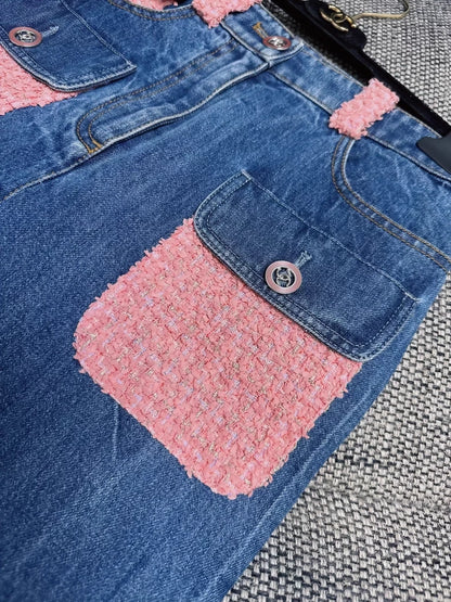 Chanel 21C denim orange-pink tweed straight-leg jeans