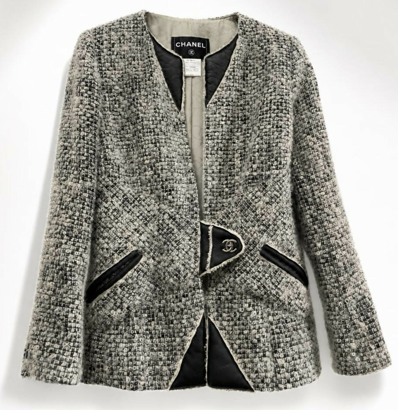 Chanel 10A Shanghai Shearling Tweed CC Grey Black Jacket Coat FR 36
