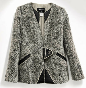 Chanel 10A Shanghai Shearling Tweed CC Grey Black Jacket Coat FR 36