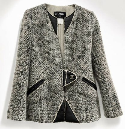 Chanel 10A Shanghai Shearling Tweed CC Grey Black Jacket Coat FR 36