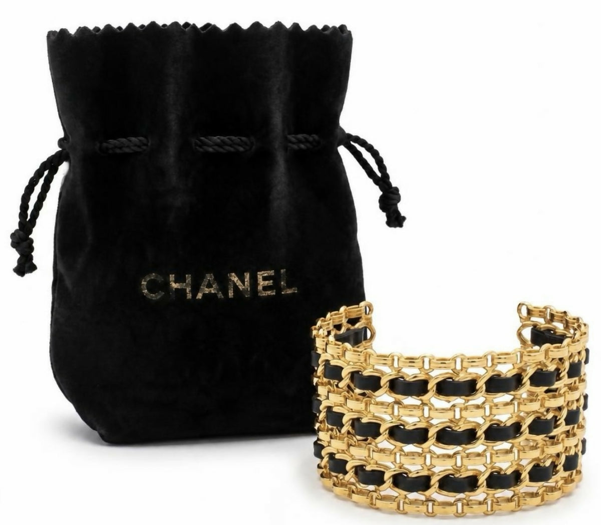 Chanel Wide 24K Gold Plated Black Leather Statement Cuff Bracelet