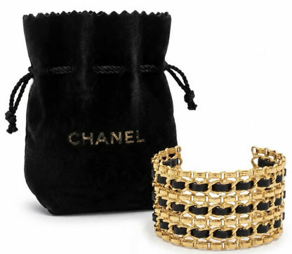 Chanel Wide 24K Gold Plated Black Leather Statement Cuff Bracelet