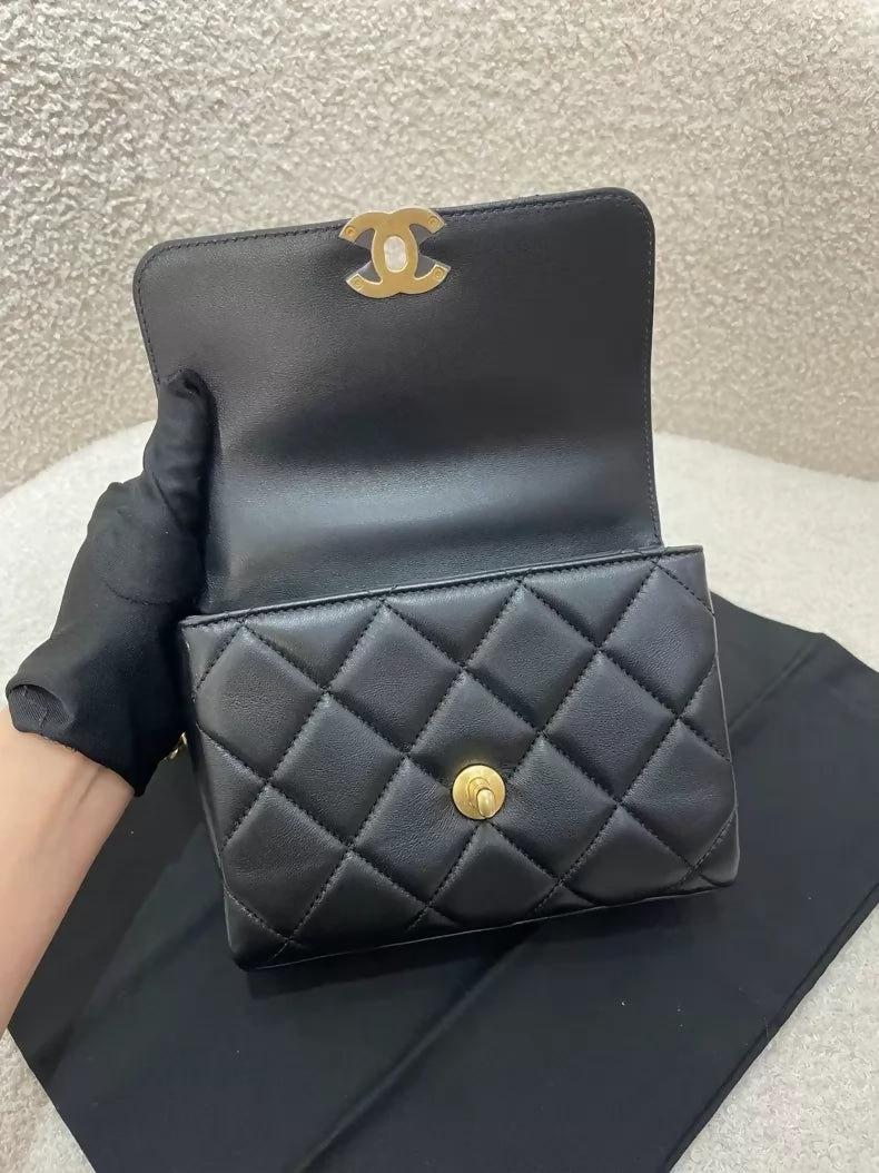 Chanel black and gold lettering rhinestone shoulder bag