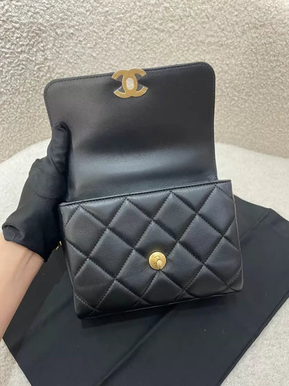 Chanel black and gold lettering rhinestone shoulder bag