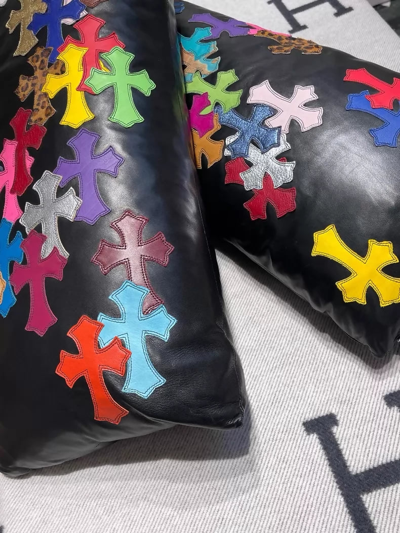 Chrome Hearts black pure leather cross-patterned leather throw pillows