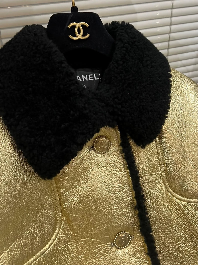 Chanel 22B Black and gold shearling coat