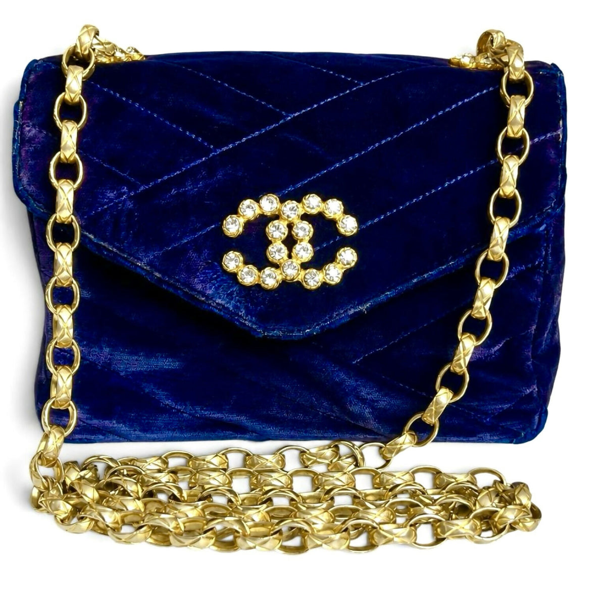 Chanel 1991-1994 Navy Blue Velvet Crystal 24K Bijoux Mini Square Chevron Classic Flap Bag